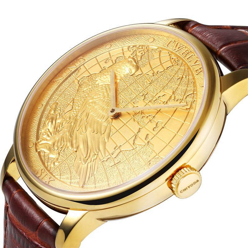 CHIYODA Men's Watch, Swiss Quartz Wrist Watch With Leather Strap, 24K Gold Plated With Carving Process Of Map And Eagle Pattern