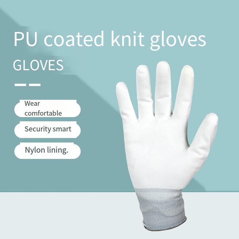12 Pack PU Palm Coated Light Wear Resistant Oil Proof And Antiskid Gloves Palm Coated Nylon Knitted Labor Protection Gloves White