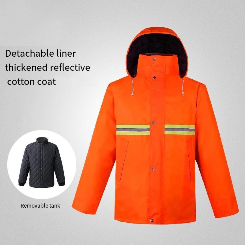 Reflective And Waterproof Cotton Clothing Thickened In Winter Waterproof Raincoat Sanitation And Cleaning Traffic Labor Protection Cotton Padded Jacket Detachable Cotton Padded Clothing Orange