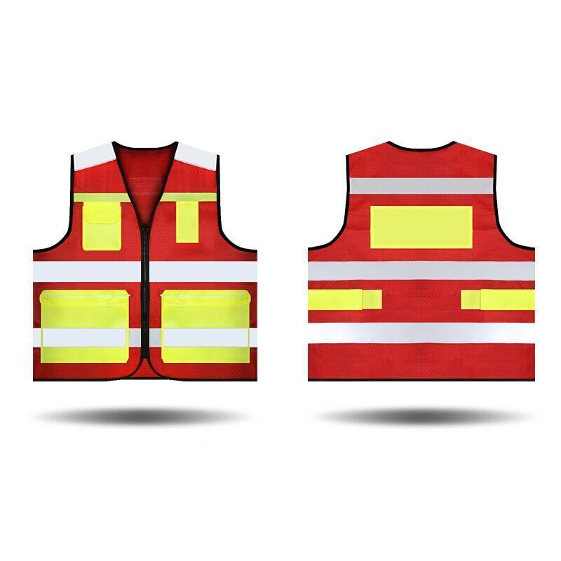 V-Neck Safety Vests with 4 Pockets Mesh Breathable Reflective Vest Construction Vehicle Reflective Clothing Traffic Security Clothing - Red