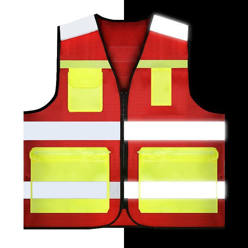 V-Neck Safety Vests with 4 Pockets Mesh Breathable Reflective Vest Construction Vehicle Reflective Clothing Traffic Security Clothing - Red