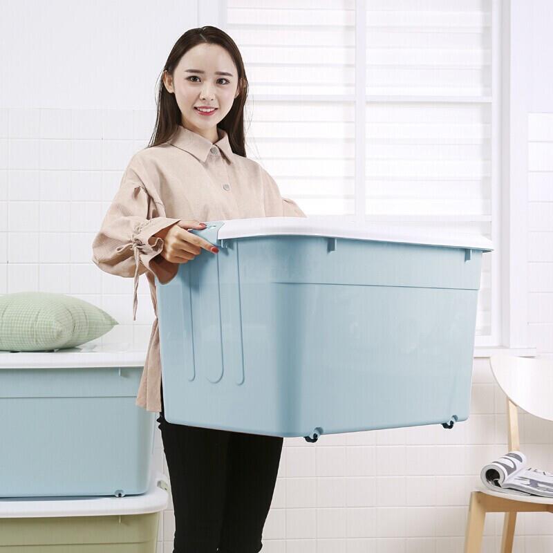 Storage Box 80l Large Quilt Clothes Storage Box Dormitory Artifact Floor Stand Toy Box Plastic Storage Box Pulley Covered Finishing Box Blue