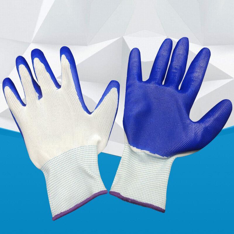 12 Pairs Nylon Cotton Gauze Gloves Labor Protection Dipping Abrasion Resistant Anti Slip Gluing Industrial Protective Rubber Gloves Blue L