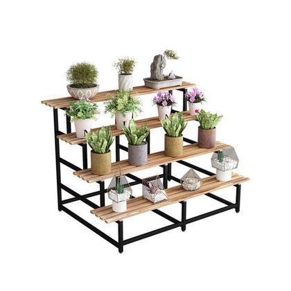 Stepped Flower Rack Balcony Rack Stainless Steel Floor Type Iron Multi-layer Thickened Four Layers 100 Long (3 Legs) Black Frame Carbonization Board