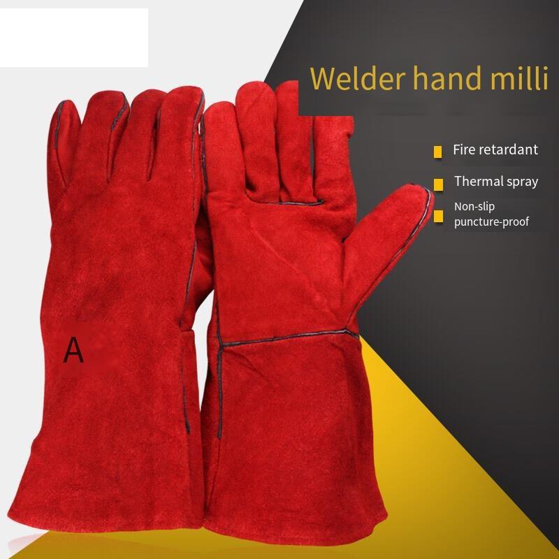 One Pair Electric Welding Gloves Heat Insulation And Wear Resistance Cow Leather Welding High Temperature Resistance Thickening Lengthened Industrial Labor Protection Gloves Red L