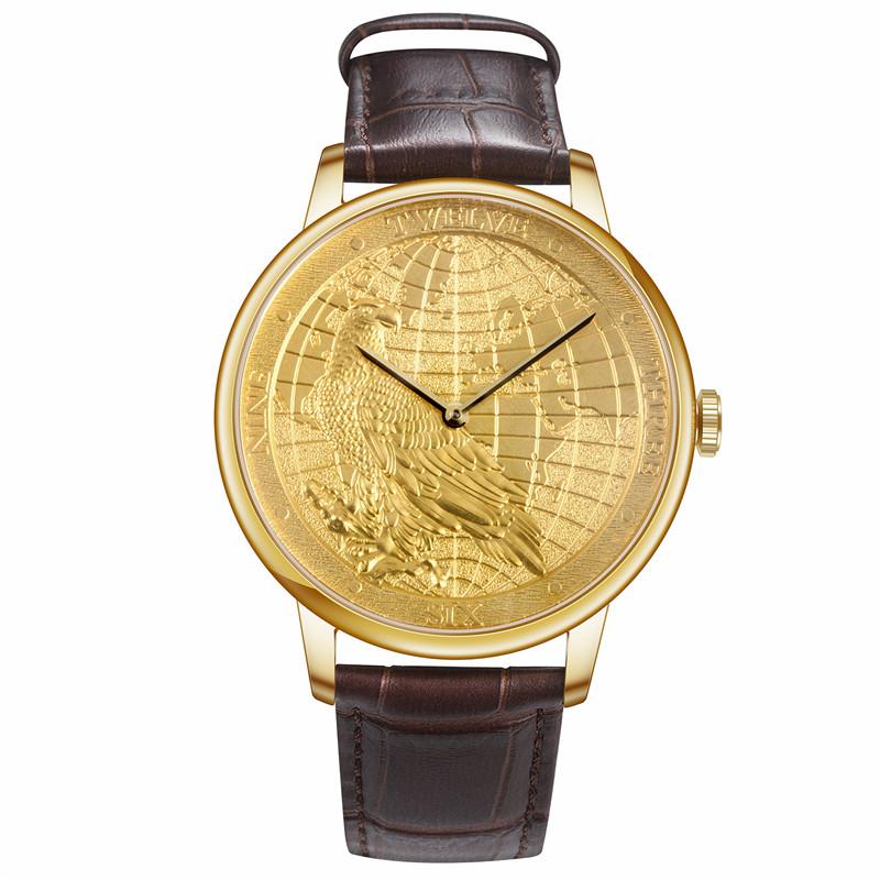 CHIYODA Men's Watch, Swiss Quartz Wrist Watch With Leather Strap, 24K Gold Plated With Carving Process Of Map And Eagle Pattern