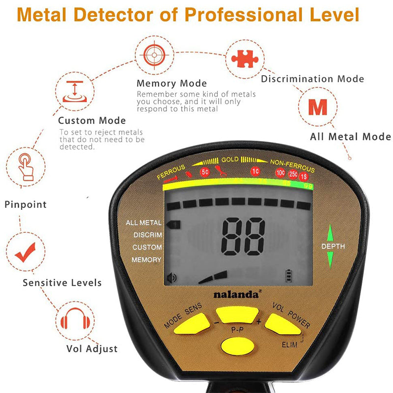 NALANDA Metal Detector High Accuracy Treasure Hunters Detection Modes Adjustable For Beginners, Hobbies, Outdoor Gold Digger