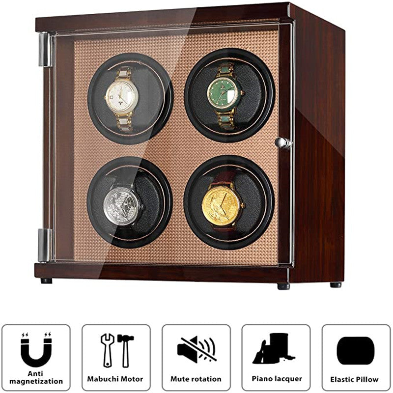 CHIYODA Watch Winder Four Watch Winder For Men's And Women's Automatic Watch With Quad Mabuchi Motor, LCD Digital Display And High Gloss Brown