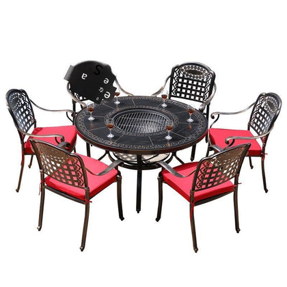 6 Chairs + 123cm Barbecue Round Table Outdoor Barbecue Table And Chair Combination Open Garden Courtyard Modern Simple Outdoor European Iron Furniture All Cast Aluminum Table And Chair