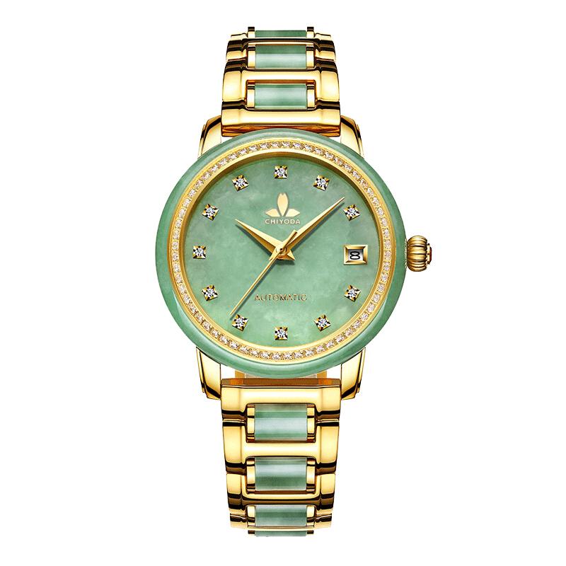 CHIYODA Luxury Automatic Jade Watch for Women, Swiss Automatic Watch with Calendar and Diamonds Jade Dial Precious Timepiece for Collection